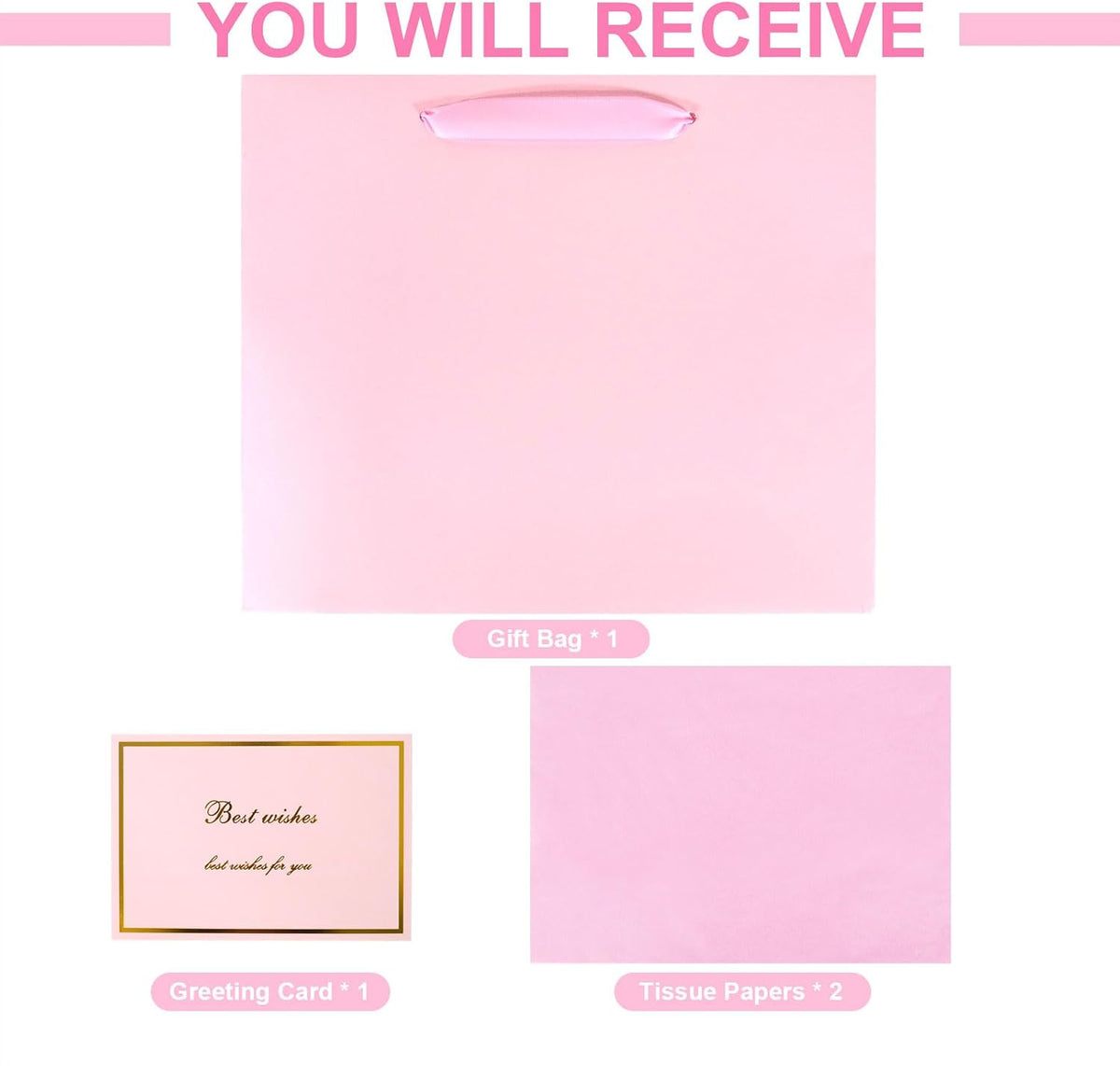 Elegant Pink Gift Bag 11.8"x4.5"x9.8" with Ribbon Handles, Includes Card and Tissue Papers, Perfect for Birthdays, Weddings, Parties, Holidays, Baby Shower