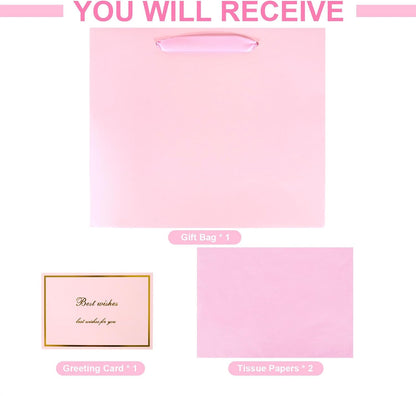 Elegant Pink Gift Bag 11.8"x4.5"x9.8" with Ribbon Handles, Includes Card and Tissue Papers, Perfect for Birthdays, Weddings, Parties, Holidays, Baby Shower