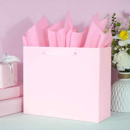 Elegant Pink Gift Bag 11.8"x4.5"x9.8" with Ribbon Handles, Includes Card and Tissue Papers, Perfect for Birthdays, Weddings, Parties, Holidays, Baby Shower