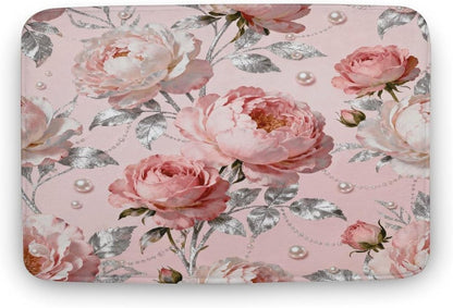 Elegant Pink Flower Bathroom Rugs Non Slip Bath Mat Soft Microfiber Super Absorbent Machine Washable Floor Carpet for Shower Tub Bathroom 15.7" x23.6