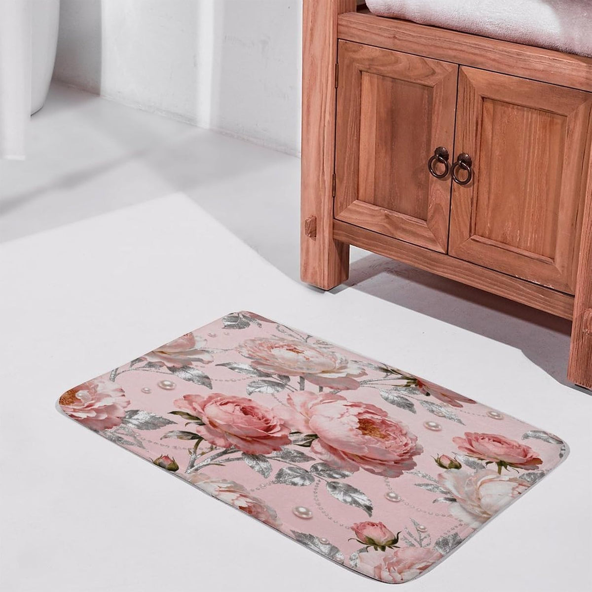 Elegant Pink Flower Bathroom Rugs Non Slip Bath Mat Soft Microfiber Super Absorbent Machine Washable Floor Carpet for Shower Tub Bathroom 15.7" x23.6