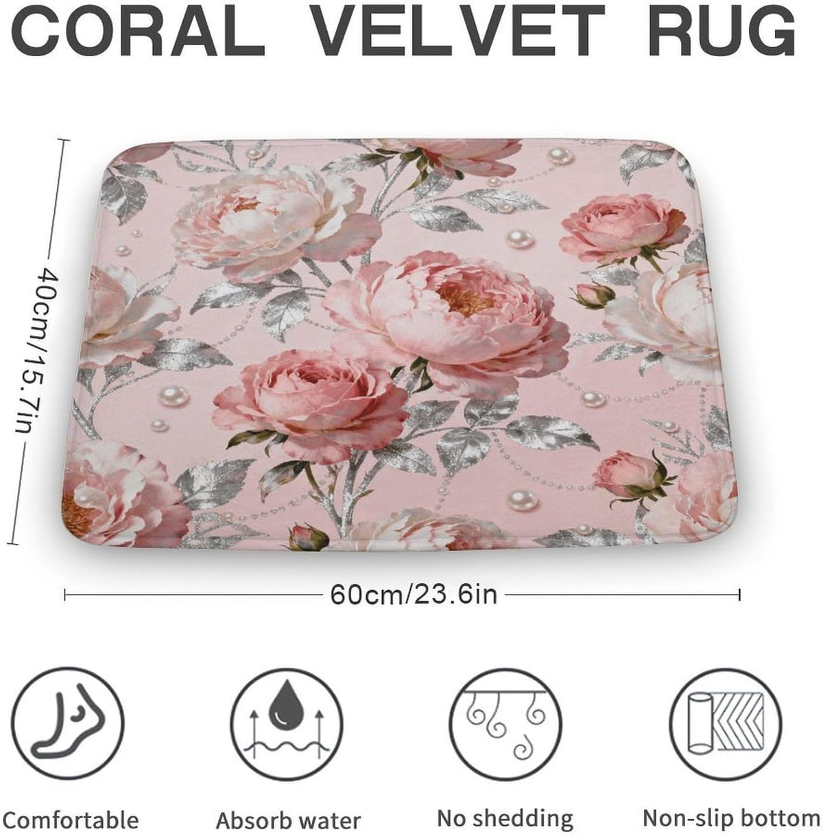 Elegant Pink Flower Bathroom Rugs Non Slip Bath Mat Soft Microfiber Super Absorbent Machine Washable Floor Carpet for Shower Tub Bathroom 15.7" x23.6