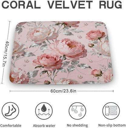 Elegant Pink Flower Bathroom Rugs Non Slip Bath Mat Soft Microfiber Super Absorbent Machine Washable Floor Carpet for Shower Tub Bathroom 15.7" x23.6
