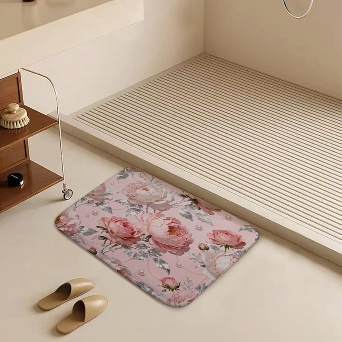 Elegant Pink Flower Bathroom Rugs Non Slip Bath Mat Soft Microfiber Super Absorbent Machine Washable Floor Carpet for Shower Tub Bathroom 15.7" x23.6