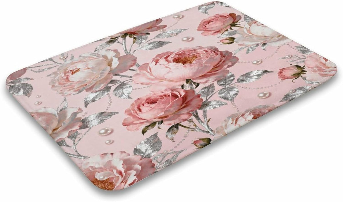 Elegant Pink Flower Bathroom Rugs Non Slip Bath Mat Soft Microfiber Super Absorbent Machine Washable Floor Carpet for Shower Tub Bathroom 15.7" x23.6