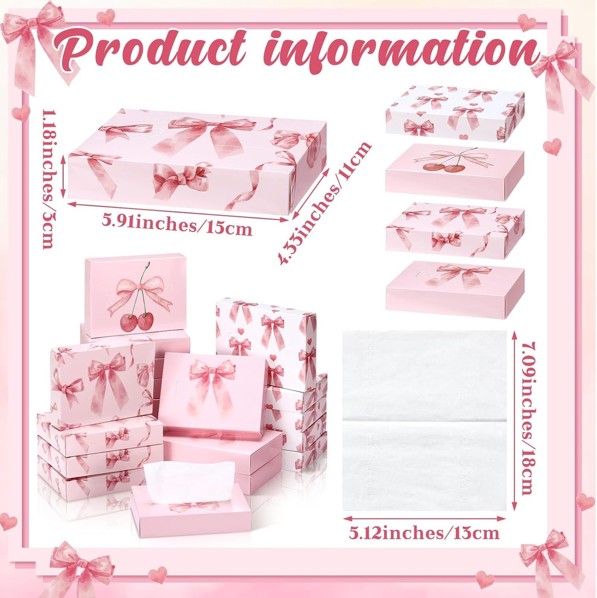 24 Pack Small Facial Tissue Box 2 Ply Pink Bow for Car Desk