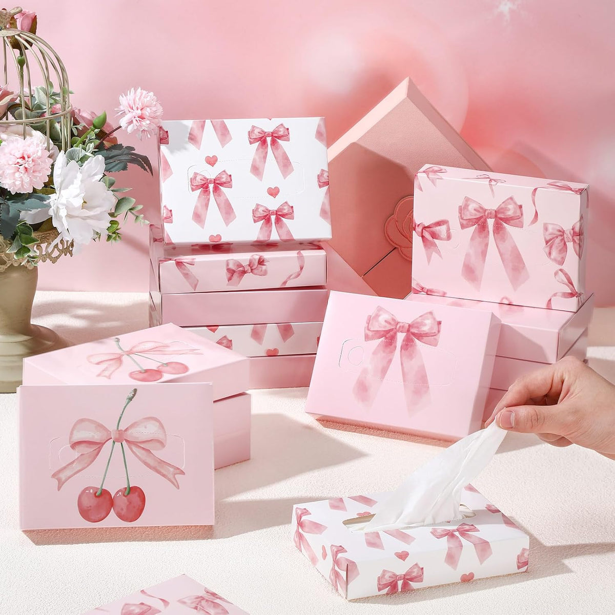 24 Pack Small Facial Tissue Box 2 Ply Pink Bow for Car Desk