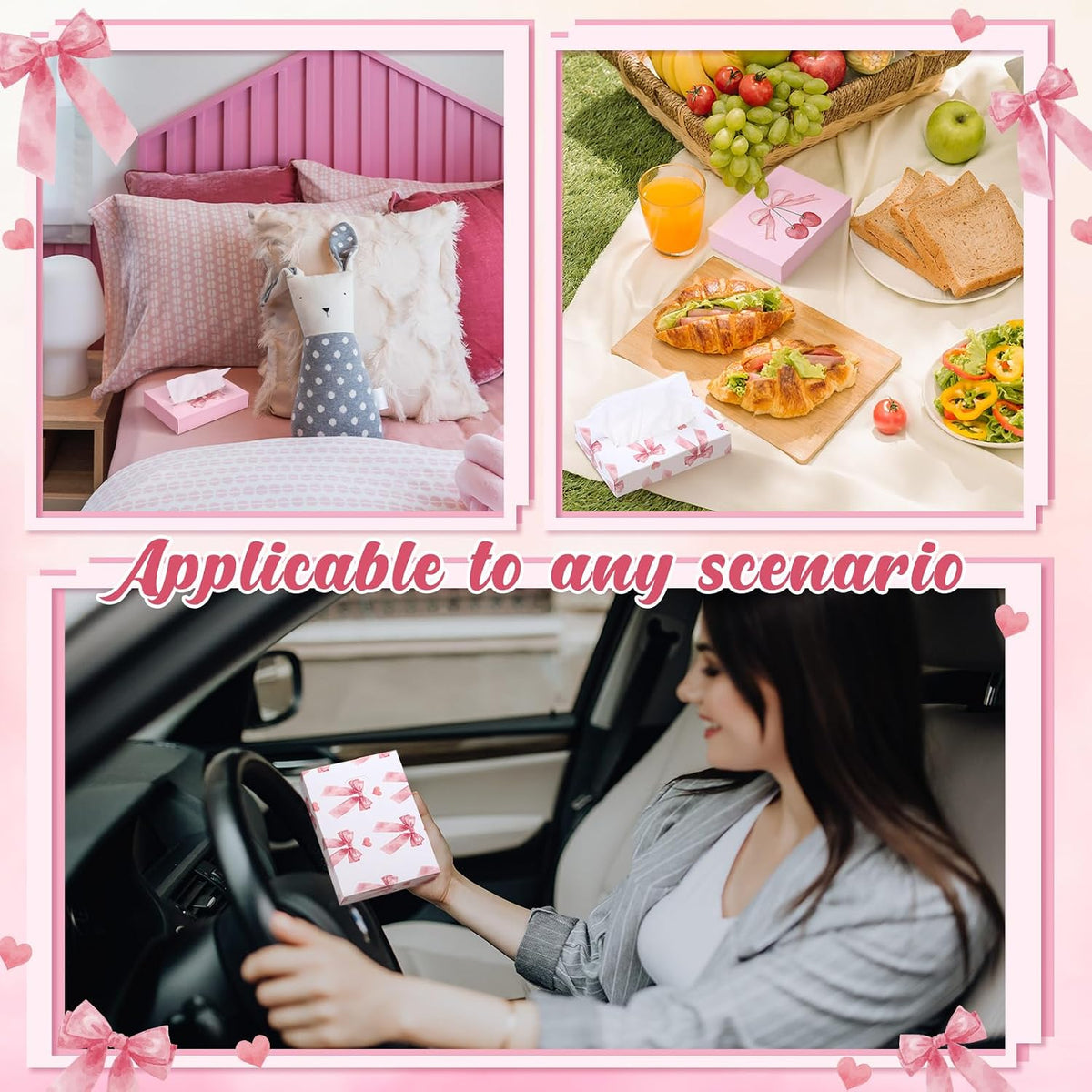 24 Pack Small Facial Tissue Box 2 Ply Pink Bow for Car Desk