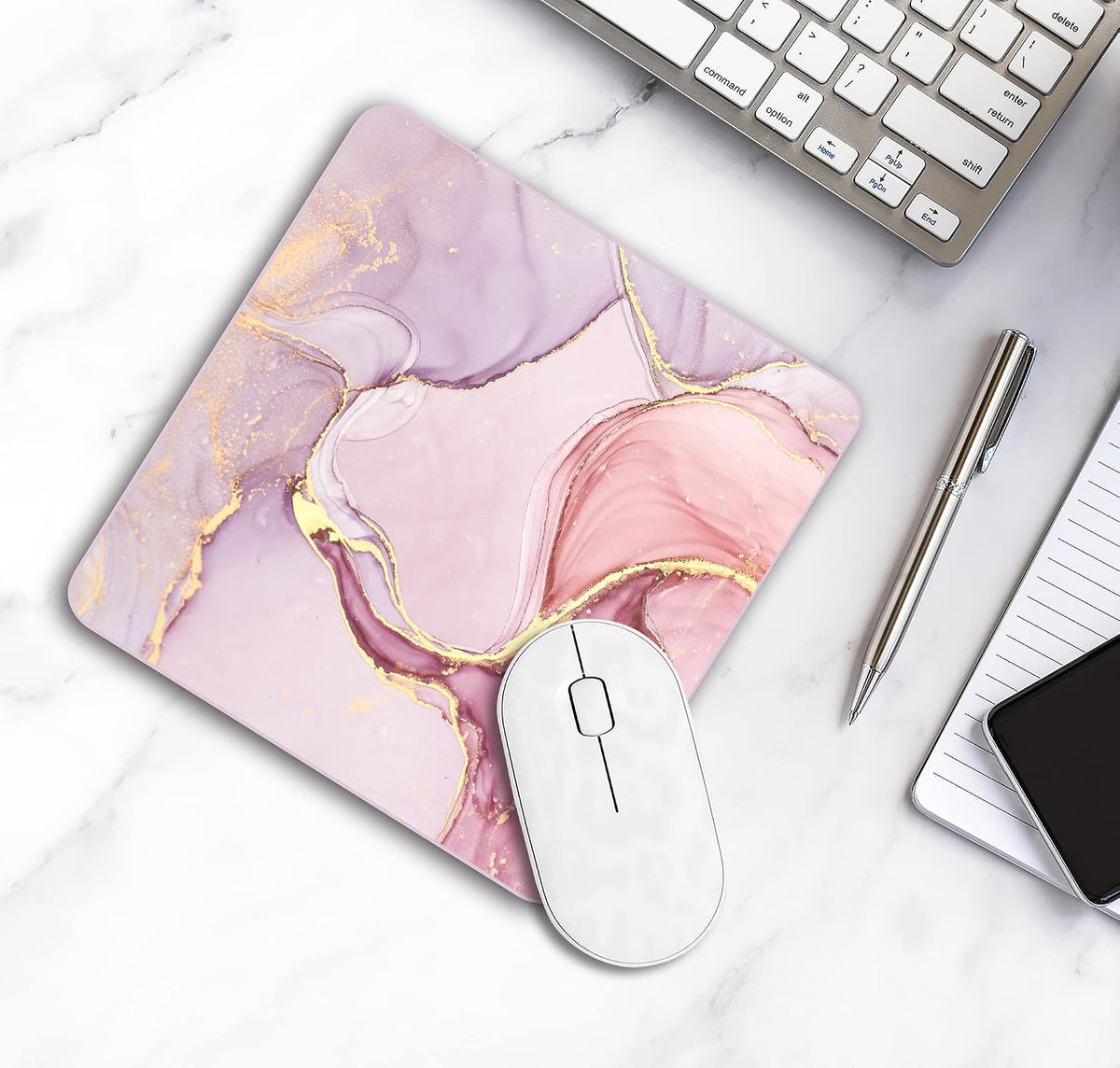 Premium Square Waterproof Mouse Pad - Non-Slip Rubber Base, 9x9 inches (Pink Marble)