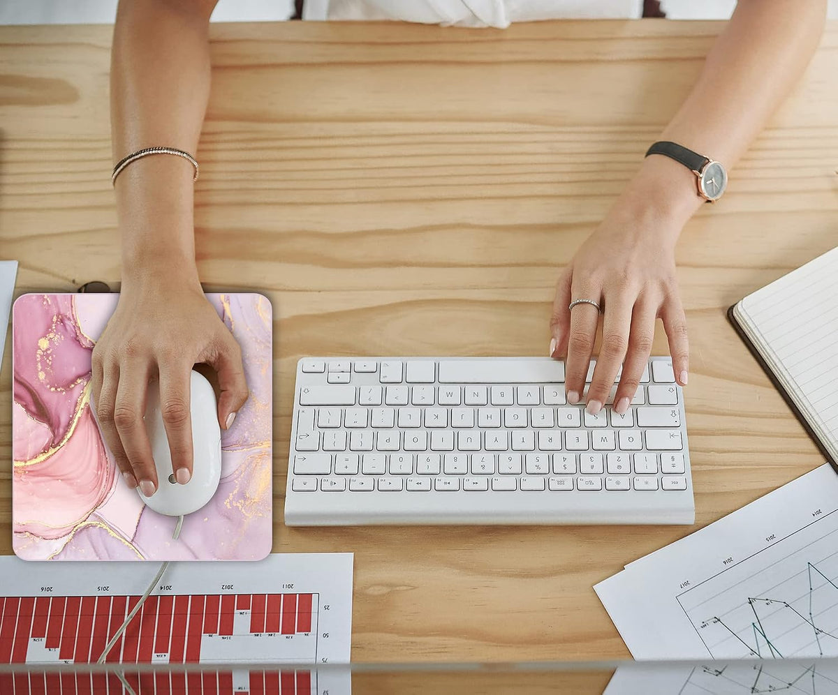 Premium Square Waterproof Mouse Pad - Non-Slip Rubber Base, 9x9 inches (Pink Marble)