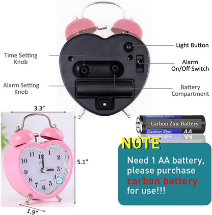 Cute TwinBell Loud Alarm Clock,Pretty Small Heart DeskClock, Pink