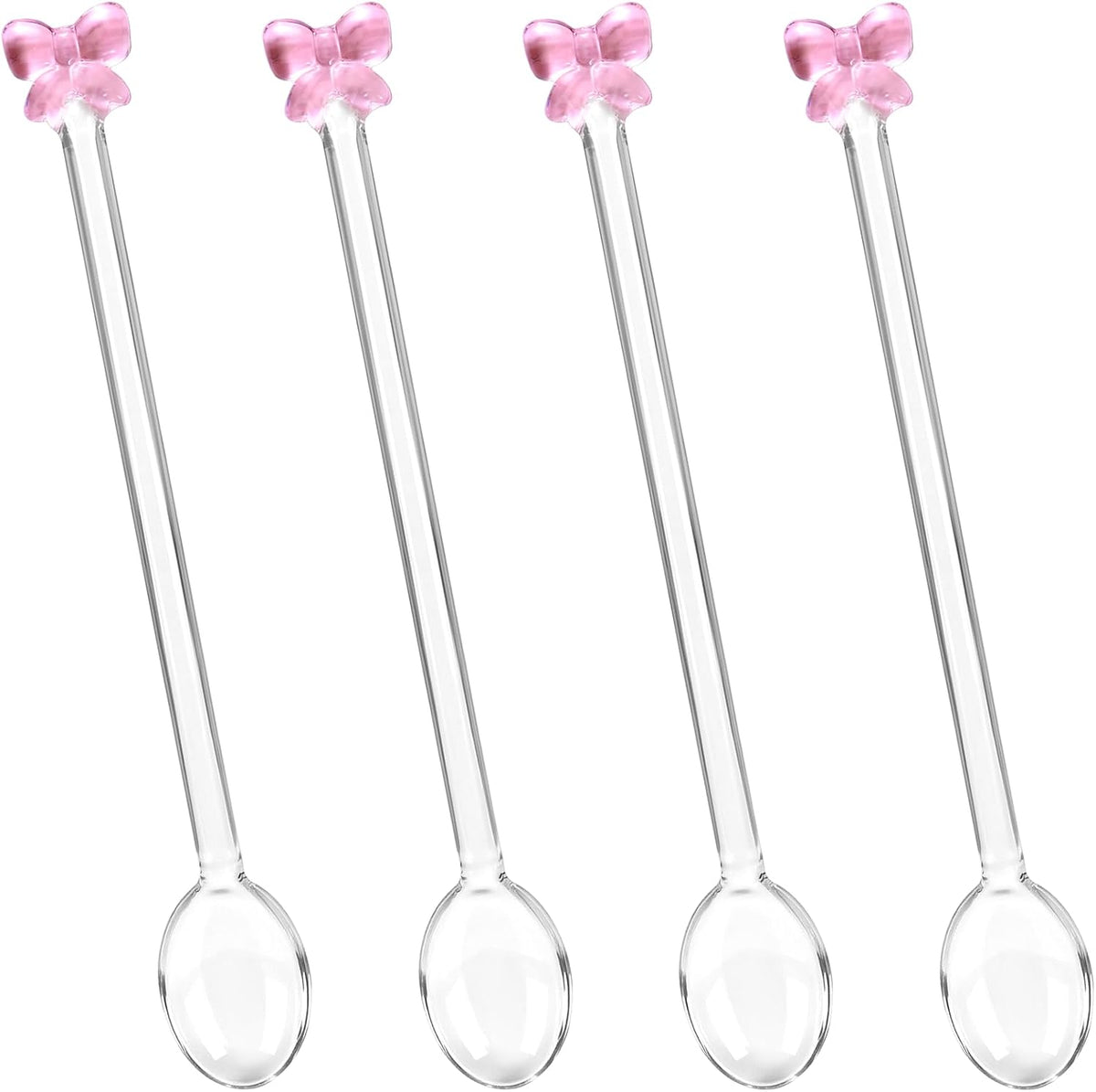 4 Pack Reusable Pink Bow Glass Spoons, Coffee Teaspoons Milk Glass Dessert Stirring Spoon Cute Bow Long Handle Spoons for Bridal Engagement Wedding Dishwasher & Microwave Safe