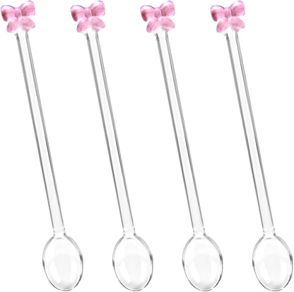 4 Pack Reusable Pink Bow Glass Spoons, Coffee Teaspoons Milk Glass Dessert Stirring Spoon Cute Bow Long Handle Spoons for Bridal Engagement Wedding Dishwasher & Microwave Safe