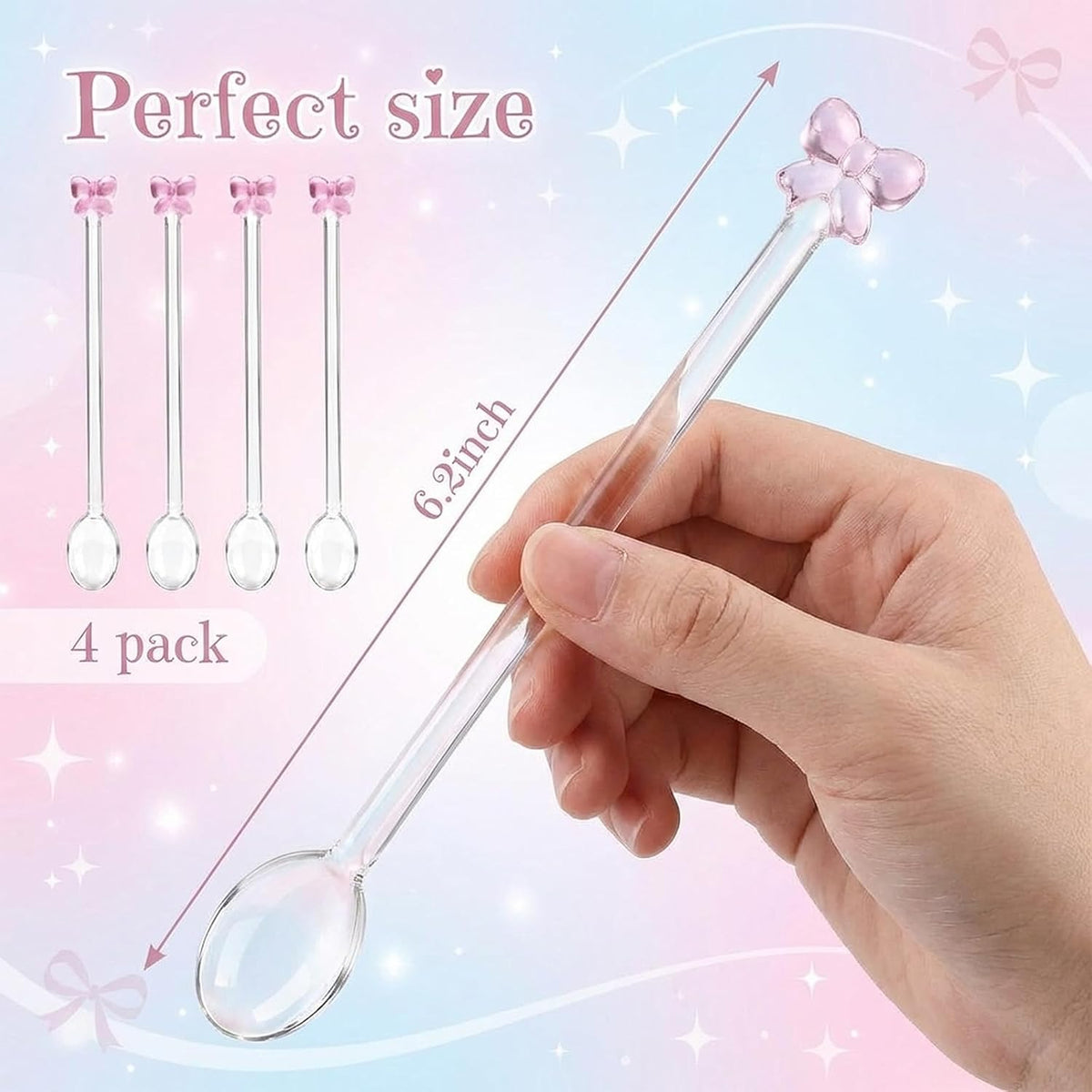 4 Pack Reusable Pink Bow Glass Spoons, Coffee Teaspoons Milk Glass Dessert Stirring Spoon Cute Bow Long Handle Spoons for Bridal Engagement Wedding Dishwasher & Microwave Safe