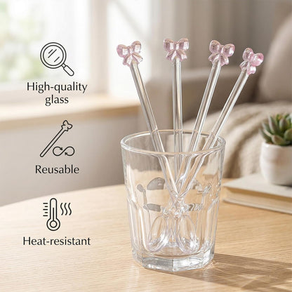4 Pack Reusable Pink Bow Glass Spoons, Coffee Teaspoons Milk Glass Dessert Stirring Spoon Cute Bow Long Handle Spoons for Bridal Engagement Wedding Dishwasher & Microwave Safe