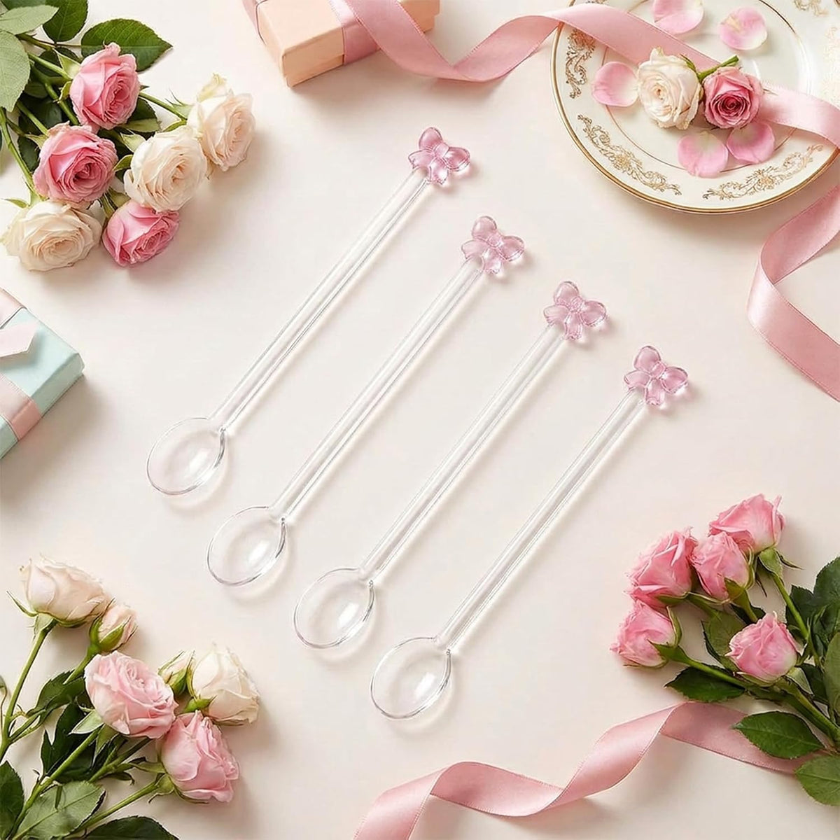 4 Pack Reusable Pink Bow Glass Spoons, Coffee Teaspoons Milk Glass Dessert Stirring Spoon Cute Bow Long Handle Spoons for Bridal Engagement Wedding Dishwasher & Microwave Safe