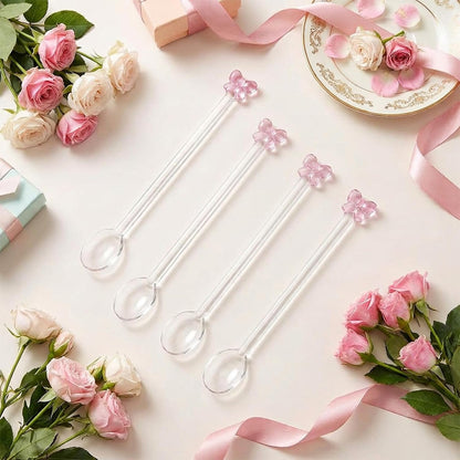4 Pack Reusable Pink Bow Glass Spoons, Coffee Teaspoons Milk Glass Dessert Stirring Spoon Cute Bow Long Handle Spoons for Bridal Engagement Wedding Dishwasher & Microwave Safe