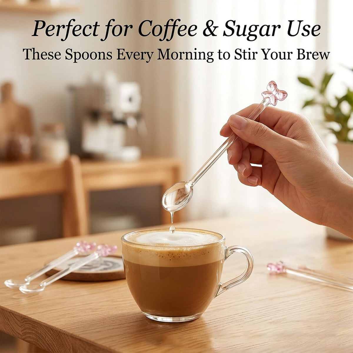 4 Pack Reusable Pink Bow Glass Spoons, Coffee Teaspoons Milk Glass Dessert Stirring Spoon Cute Bow Long Handle Spoons for Bridal Engagement Wedding Dishwasher & Microwave Safe