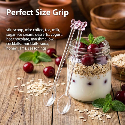 4 Pack Reusable Pink Bow Glass Spoons, Coffee Teaspoons Milk Glass Dessert Stirring Spoon Cute Bow Long Handle Spoons for Bridal Engagement Wedding Dishwasher & Microwave Safe