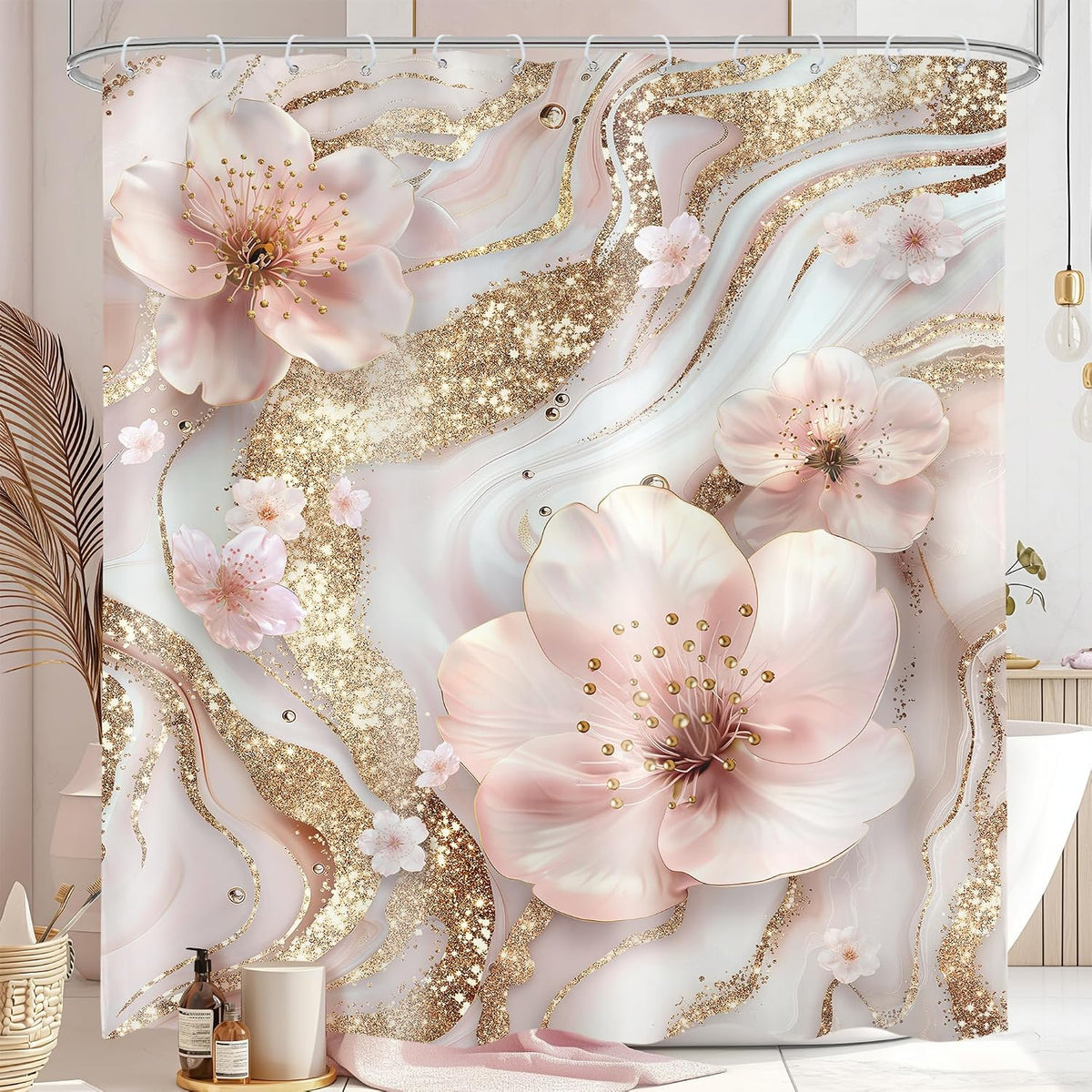 Pink White Marble Shower Curtain Set Modern Cherry Blossom Bathroom Decor