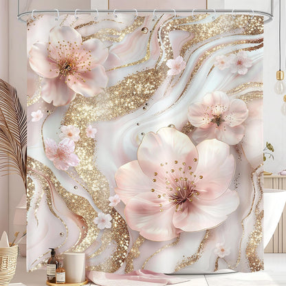 Pink White Marble Shower Curtain Set Modern Cherry Blossom Bathroom Decor