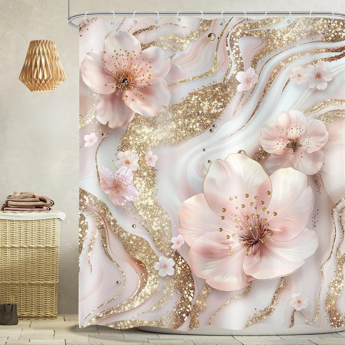 Pink White Marble Shower Curtain Set Modern Cherry Blossom Bathroom Decor