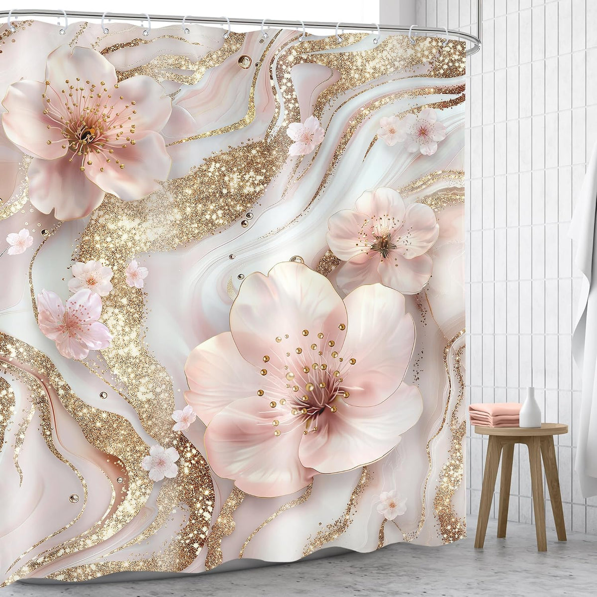 Pink White Marble Shower Curtain Set Modern Cherry Blossom Bathroom Decor