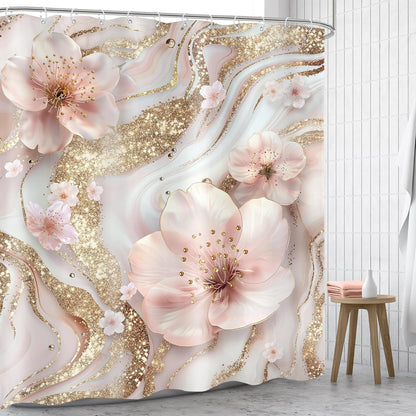 Pink White Marble Shower Curtain Set Modern Cherry Blossom Bathroom Decor