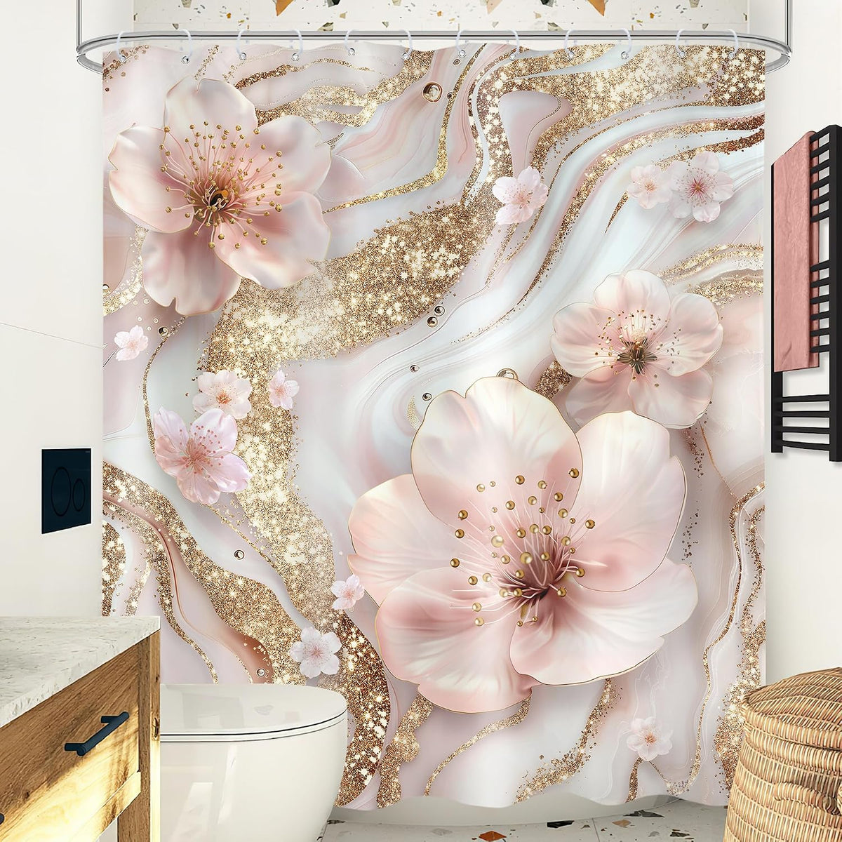 Pink White Marble Shower Curtain Set Modern Cherry Blossom Bathroom Decor