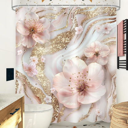 Pink White Marble Shower Curtain Set Modern Cherry Blossom Bathroom Decor