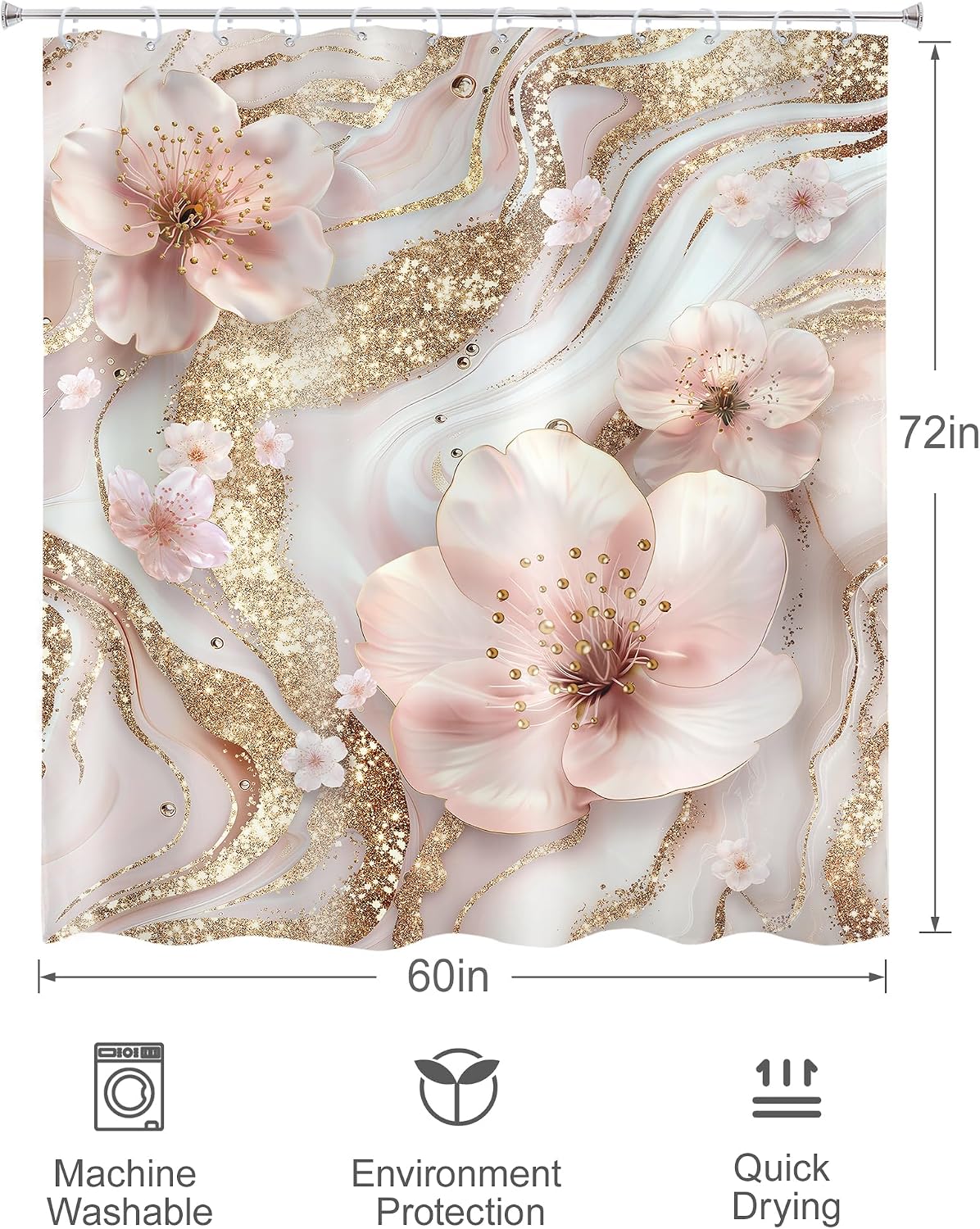 Pink White Marble Shower Curtain Set Modern Cherry Blossom Bathroom Decor