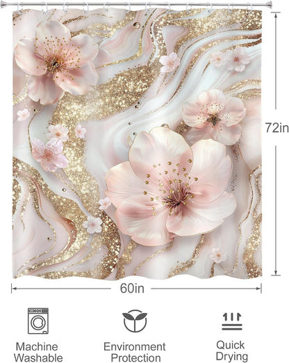 Pink White Marble Shower Curtain Set Modern Cherry Blossom Bathroom Decor