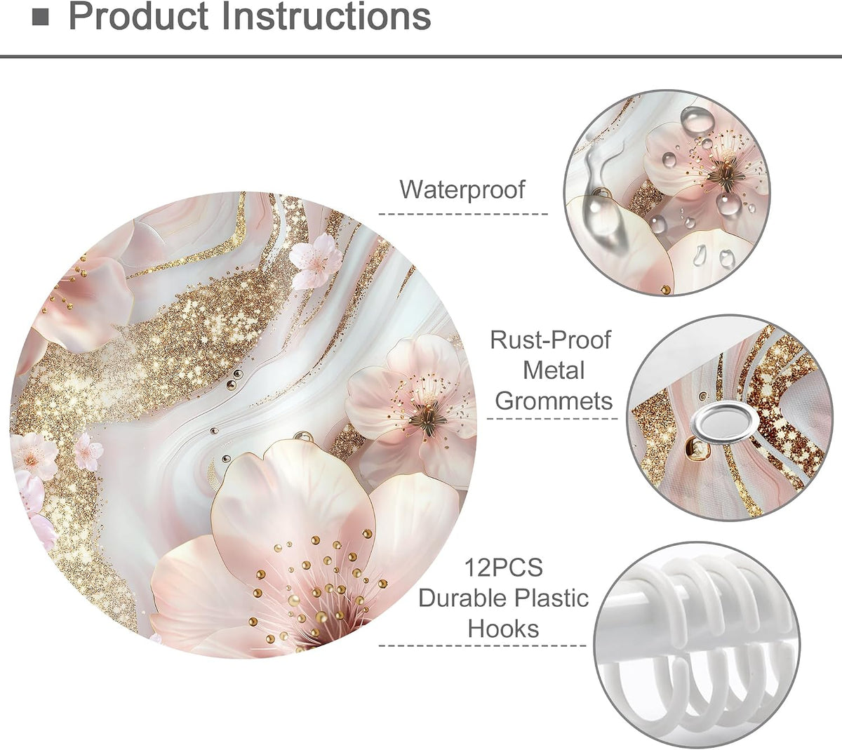 Pink White Marble Shower Curtain Set Modern Cherry Blossom Bathroom Decor