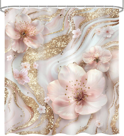 Pink White Marble Shower Curtain Set Modern Cherry Blossom Bathroom Decor