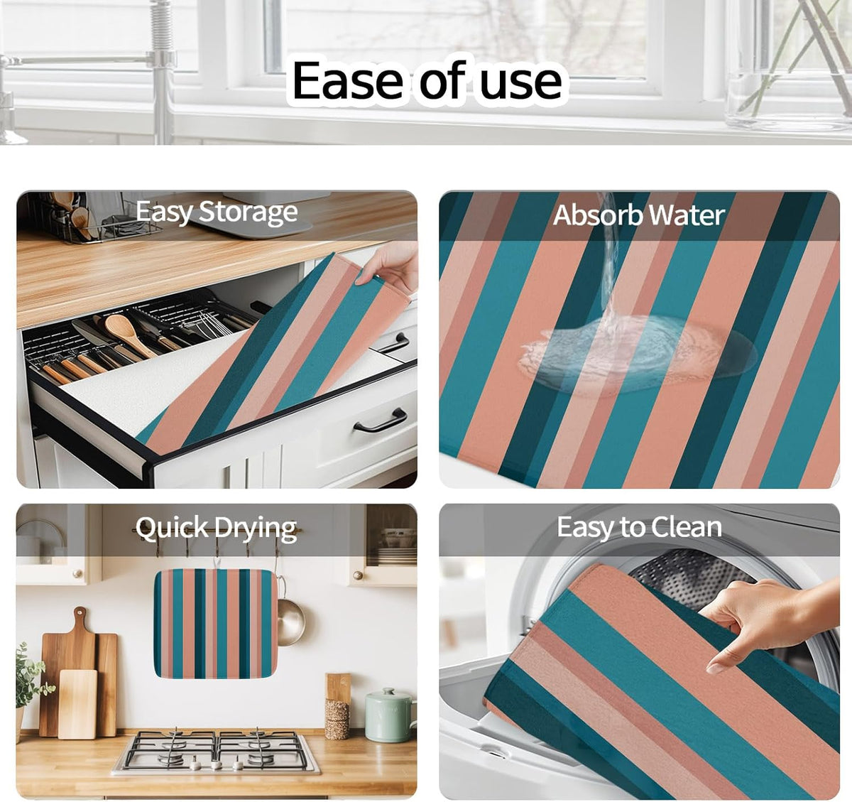 Dish Drying Mat for Kitchen Counter Light Blue Pink Stripes Absorbent Drying Pad Microfiber Dishes Drainer Rack Mats for Sink Utensil Glassware,18x24 in,1PCS Geometric Vertical Striped