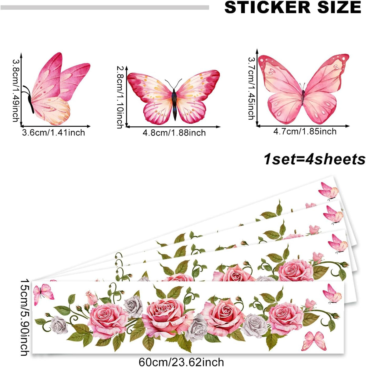 Rose Vine Wall Stickers 4 Sheets Pink Rose Art Wall Decal