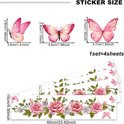 Rose Vine Wall Stickers 4 Sheets Pink Rose Art Wall Decal