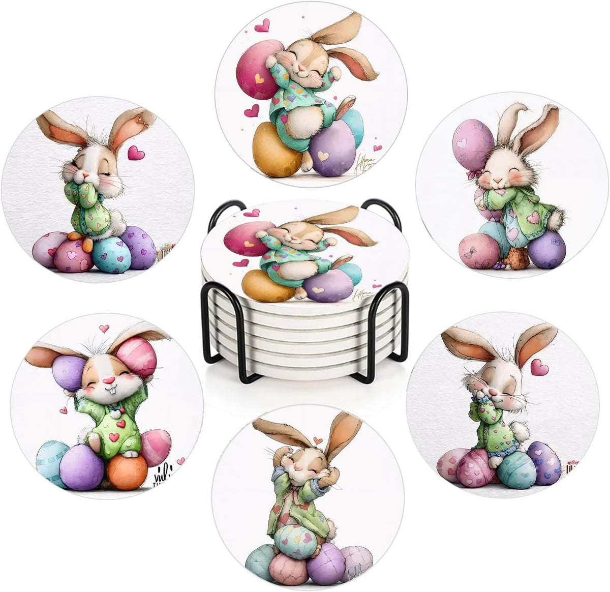 6 Pcs Easter Bunny Pink Heart Ceramic Absorbent Coasters, Spring Cute Rabbit Egg Drink Coaster with Metal Holder Cork Base, Perfect Easter Basket Stuffer, Coffee Table Kitchen Office & Gift
