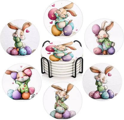 6 Pcs Easter Bunny Pink Heart Ceramic Absorbent Coasters, Spring Cute Rabbit Egg Drink Coaster with Metal Holder Cork Base, Perfect Easter Basket Stuffer, Coffee Table Kitchen Office & Gift