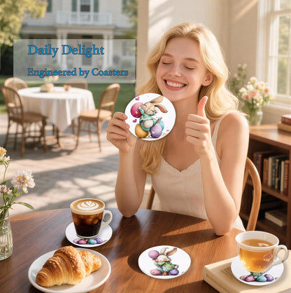 6 Pcs Easter Bunny Pink Heart Ceramic Absorbent Coasters, Spring Cute Rabbit Egg Drink Coaster with Metal Holder Cork Base, Perfect Easter Basket Stuffer, Coffee Table Kitchen Office & Gift