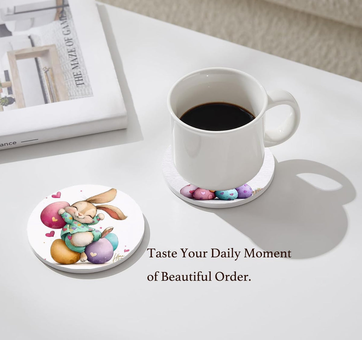 6 Pcs Easter Bunny Pink Heart Ceramic Absorbent Coasters, Spring Cute Rabbit Egg Drink Coaster with Metal Holder Cork Base, Perfect Easter Basket Stuffer, Coffee Table Kitchen Office & Gift