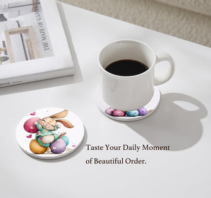 6 Pcs Easter Bunny Pink Heart Ceramic Absorbent Coasters, Spring Cute Rabbit Egg Drink Coaster with Metal Holder Cork Base, Perfect Easter Basket Stuffer, Coffee Table Kitchen Office & Gift