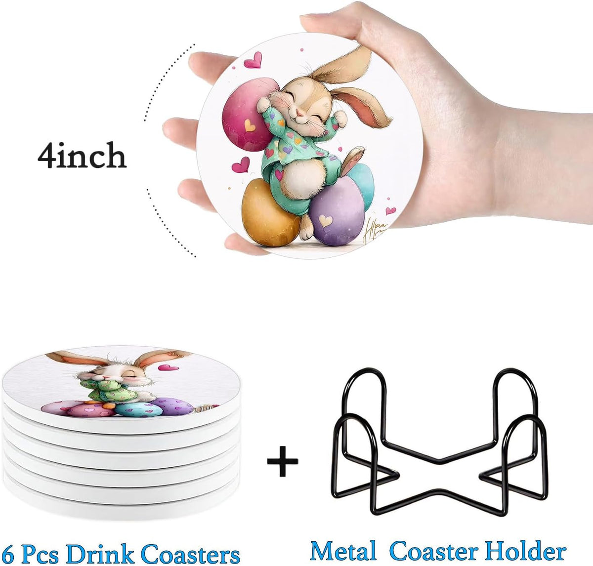 6 Pcs Easter Bunny Pink Heart Ceramic Absorbent Coasters, Spring Cute Rabbit Egg Drink Coaster with Metal Holder Cork Base, Perfect Easter Basket Stuffer, Coffee Table Kitchen Office & Gift
