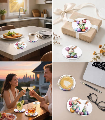 6 Pcs Easter Bunny Pink Heart Ceramic Absorbent Coasters, Spring Cute Rabbit Egg Drink Coaster with Metal Holder Cork Base, Perfect Easter Basket Stuffer, Coffee Table Kitchen Office & Gift