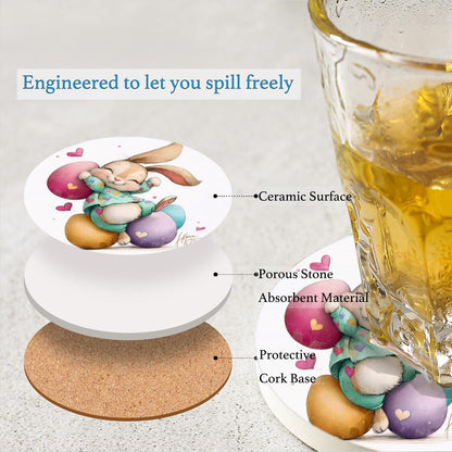 6 Pcs Easter Bunny Pink Heart Ceramic Absorbent Coasters, Spring Cute Rabbit Egg Drink Coaster with Metal Holder Cork Base, Perfect Easter Basket Stuffer, Coffee Table Kitchen Office & Gift