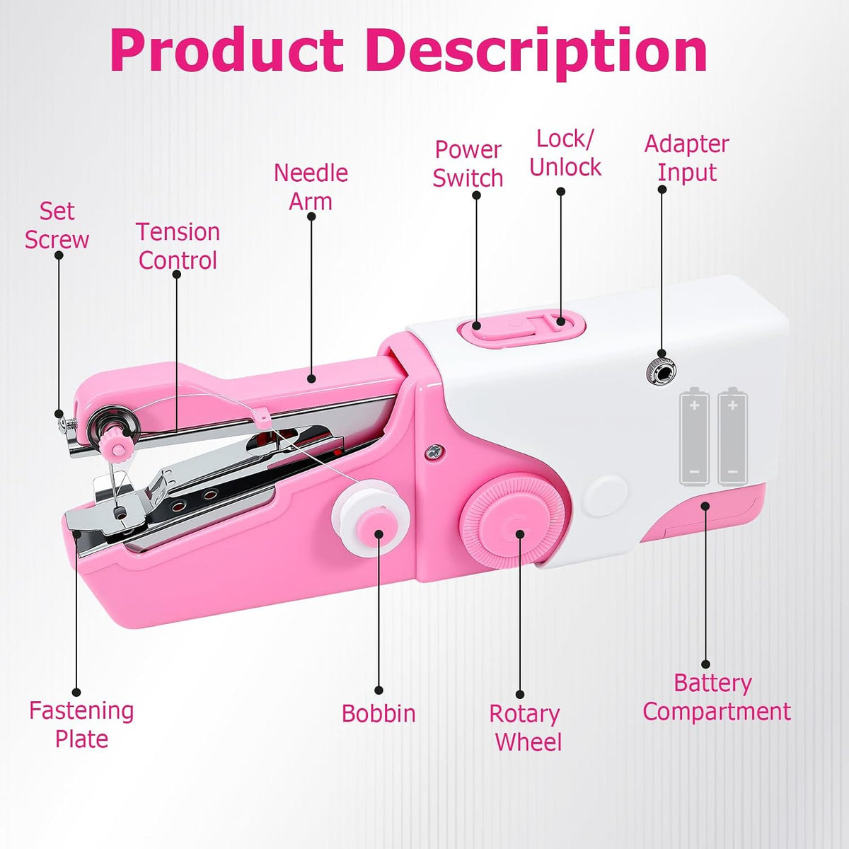 Mini Handheld Sewing Machine, Portable Electric Sewing Machine for Quick Fabric Repair, Dual Power USB/Battery Operated, with Complete Sewing Kit for Beginners, Adults (Pink)
