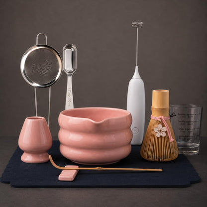 ® MATCHA WHISK SET PREMIUM 11pcs - Professional Matcha Kit Set with Matcha Bowl, Matcha Whisk, Milk Frother, Spoon, Sifter, Scoop, Stand, Cup, Mat - Aesthetic Pink Matcha Set Kit