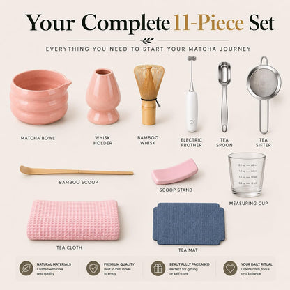 ® MATCHA WHISK SET PREMIUM 11pcs - Professional Matcha Kit Set with Matcha Bowl, Matcha Whisk, Milk Frother, Spoon, Sifter, Scoop, Stand, Cup, Mat - Aesthetic Pink Matcha Set Kit