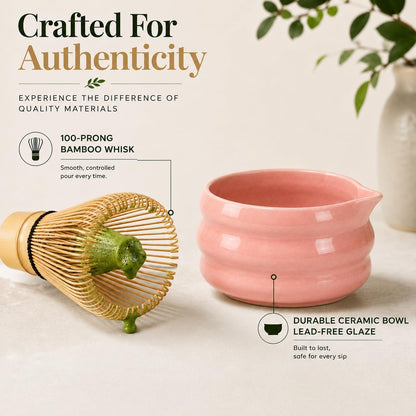 ® MATCHA WHISK SET PREMIUM 11pcs - Professional Matcha Kit Set with Matcha Bowl, Matcha Whisk, Milk Frother, Spoon, Sifter, Scoop, Stand, Cup, Mat - Aesthetic Pink Matcha Set Kit