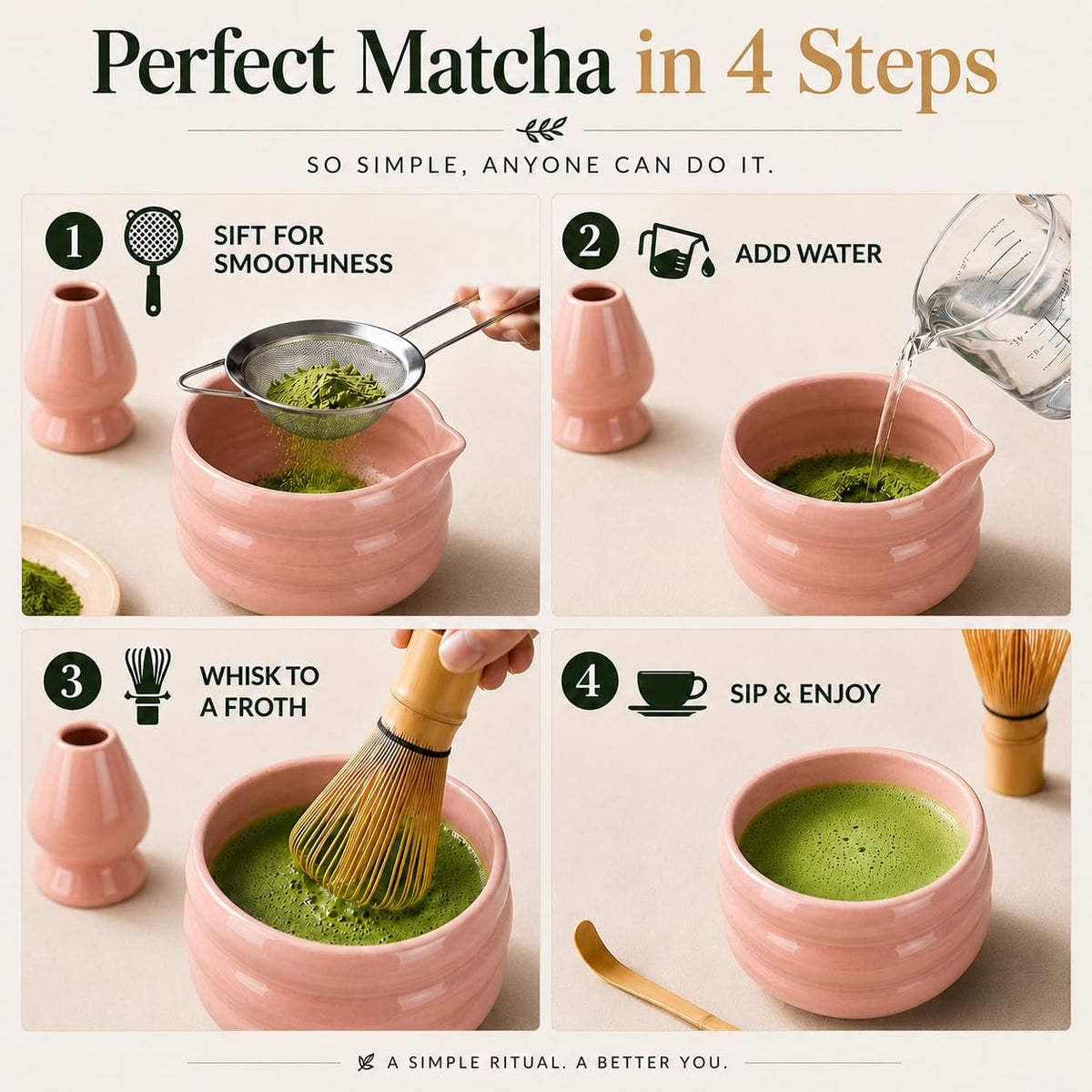 ® MATCHA WHISK SET PREMIUM 11pcs - Professional Matcha Kit Set with Matcha Bowl, Matcha Whisk, Milk Frother, Spoon, Sifter, Scoop, Stand, Cup, Mat - Aesthetic Pink Matcha Set Kit
